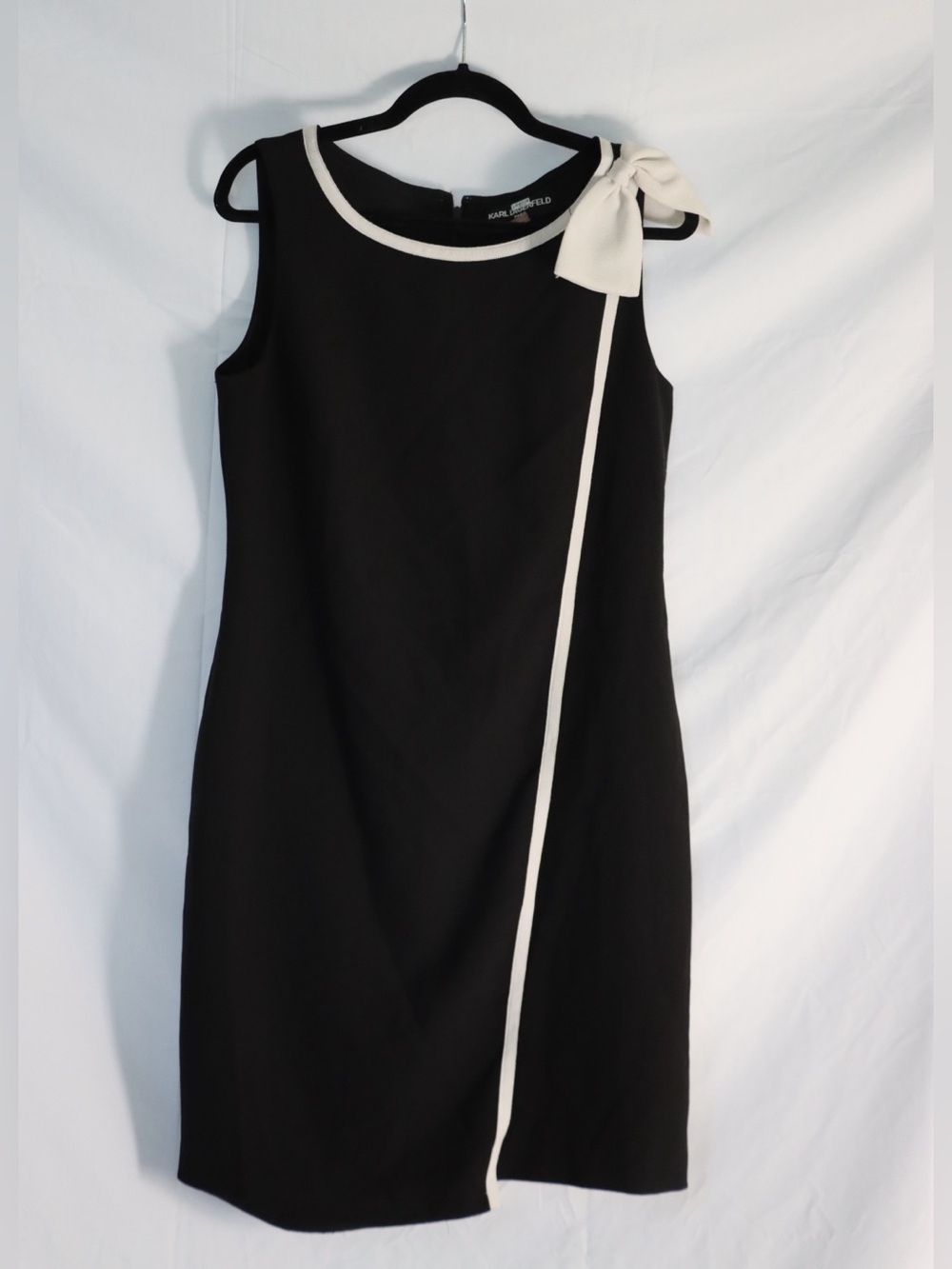 Karl Lagerfeld Black Shift Dress with Cream Bow and Piping
